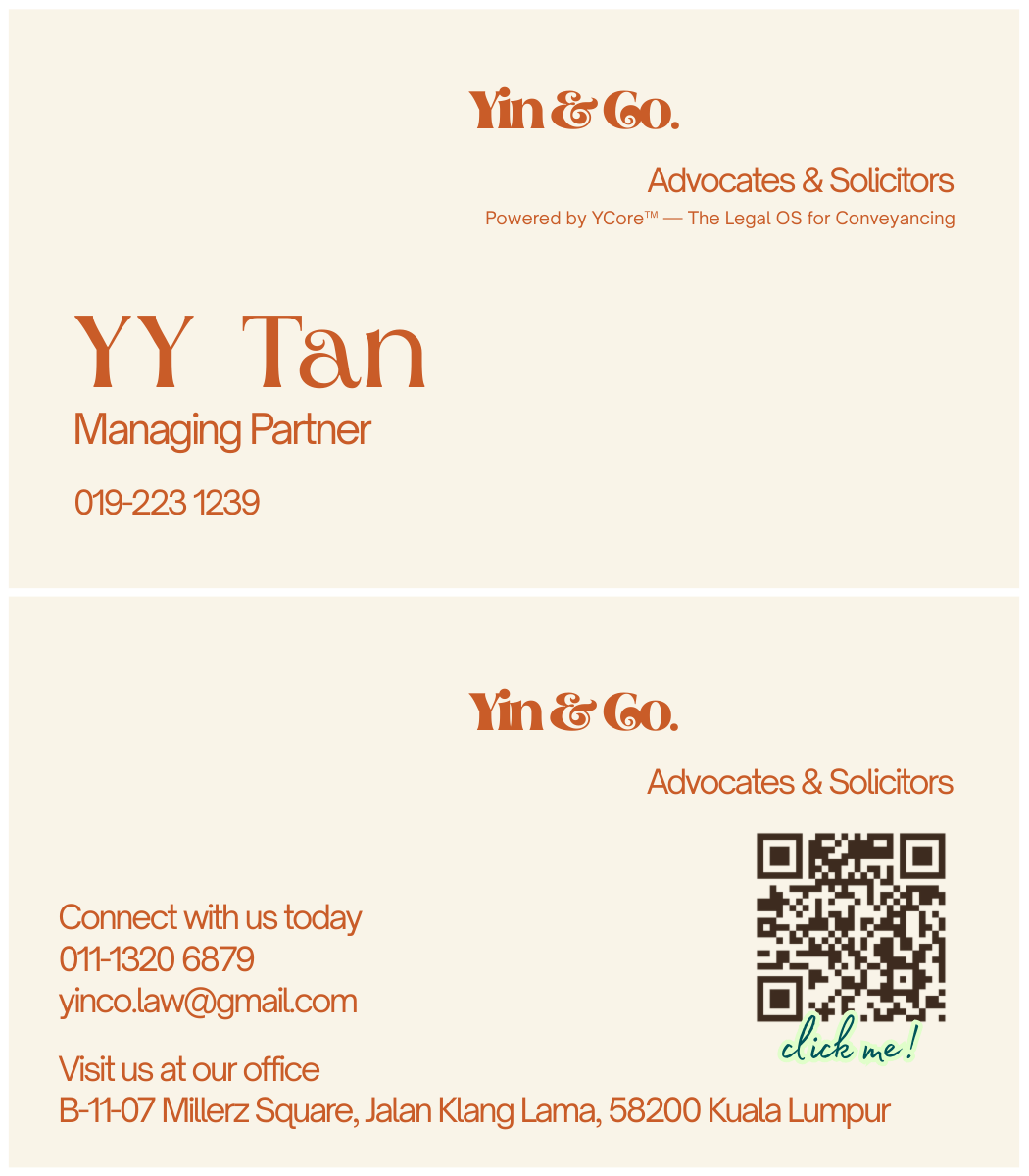 Yin & Co. business card, front and back: YY Tan, Managing Partner, with contact details and office address.
